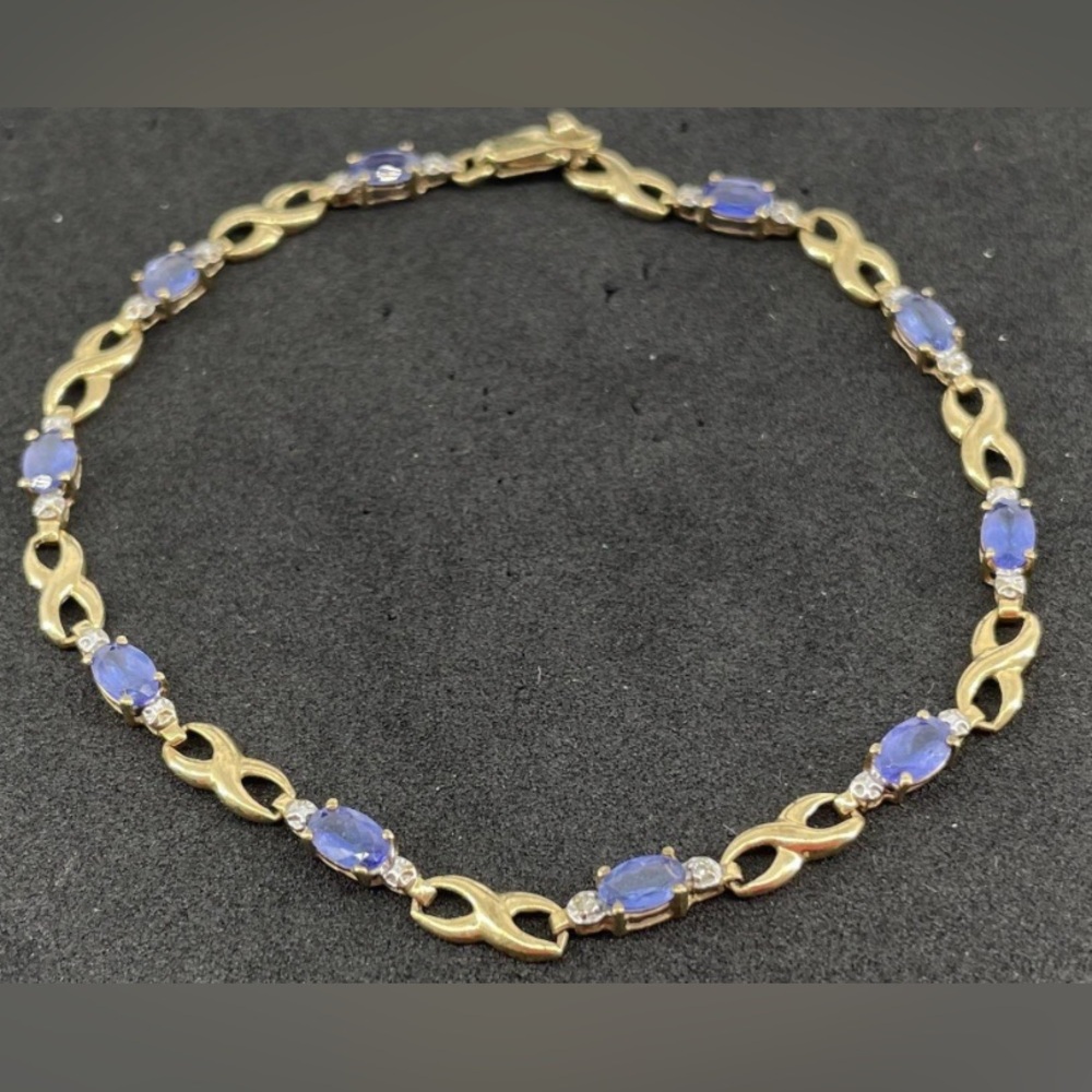 24hr SALE 10k Yellow Gold 7.5" Blue Glass& Diamond Accents Tennis Bracelet 3.94g